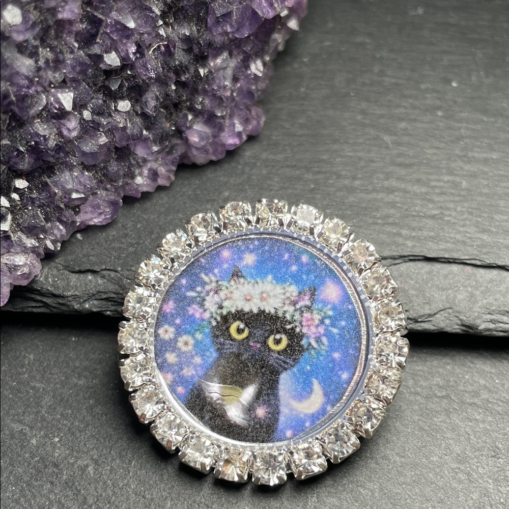 2/$20 Sparkling Night Cat Magnet or Brooch–Black Cat Artisan Designed